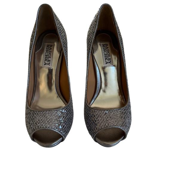 Badgley Mischka Shoes - Badgley Mischa Shoes Women's Silver Glitter Open Toe Heels Sz 5